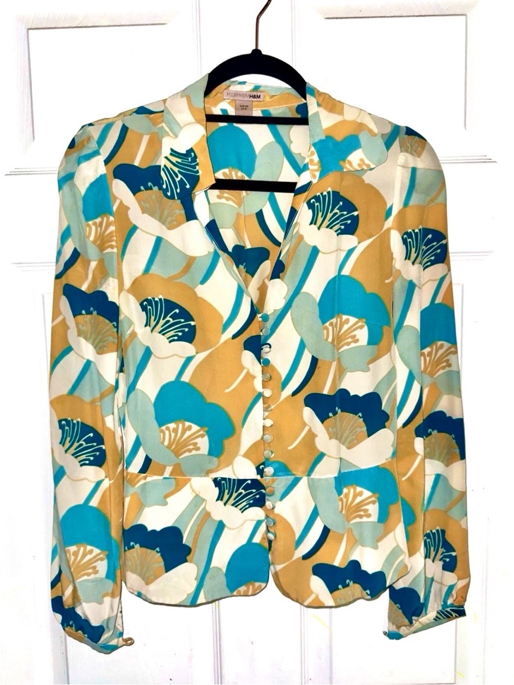 H&M Floral Button-Front Blouse in Teal, Mustard & White Retro Style 6